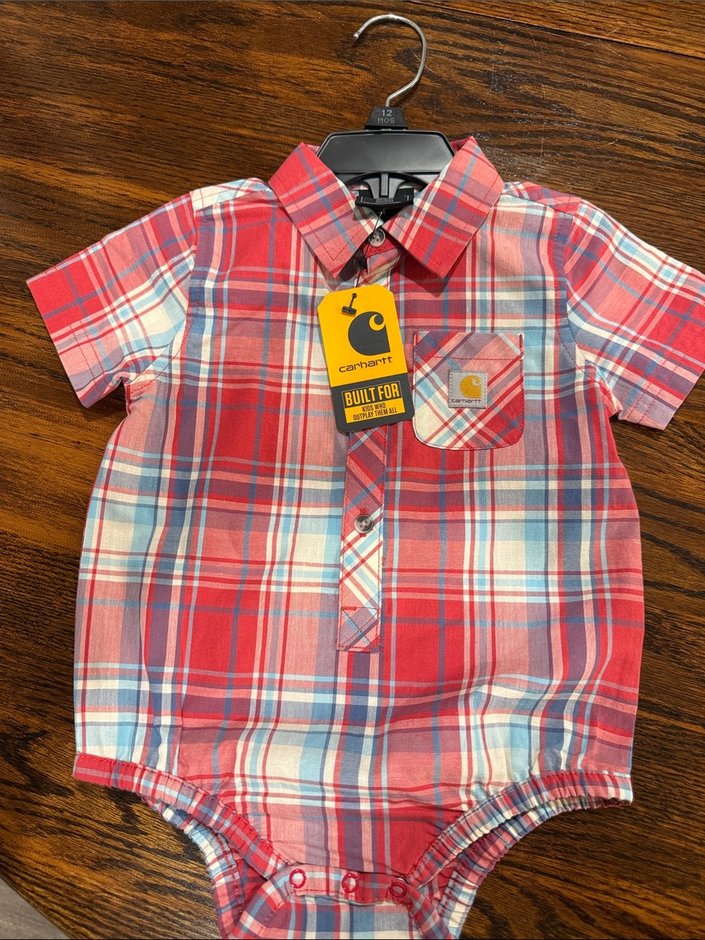 Carhartt Red Plaid Short-Sleeve Button-Front Baby Bodysuit